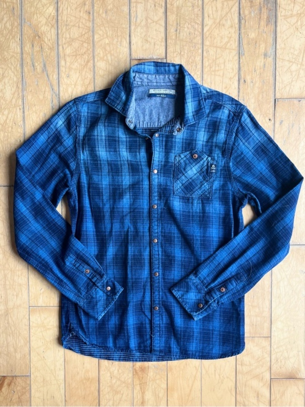 Scotch Shrunk Boys 100% Cotton Blue Plaid Snap-Front Flannel Shirt Size 14